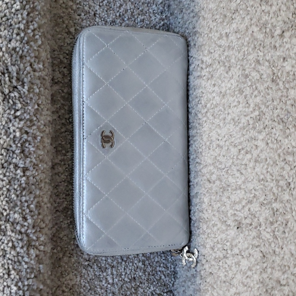 Chanel Quilted silver leather zip around wallet
